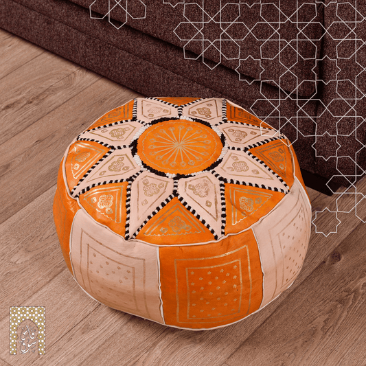 Artisanal Genuine Leather Pouf - Orange - Fazia