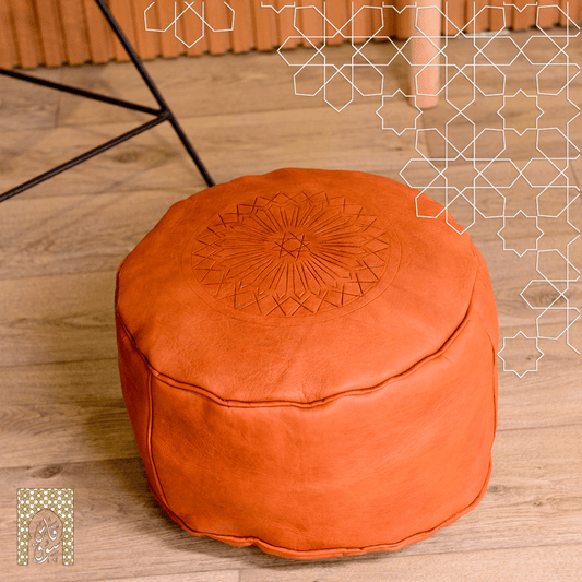 Artisanal Genuine Leather Pouf - Orange