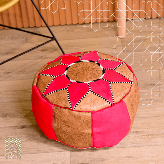 Handmade Genuine Leather Pouf - Red 3 - Rbatia