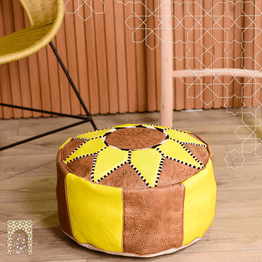 Handmade Genuine Leather Pouf - Yellow - Rbatia