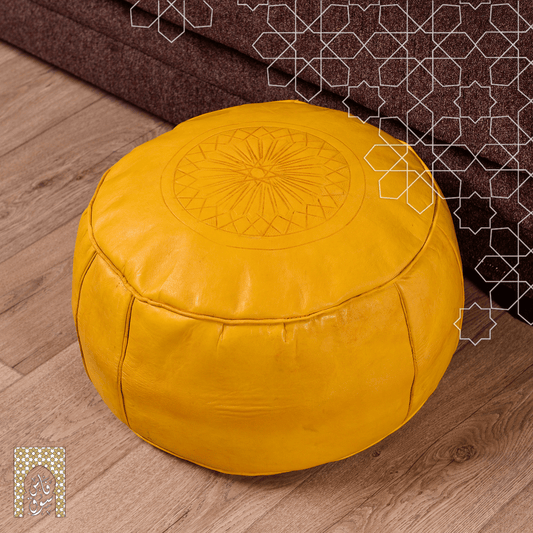 Artisanal Genuine Leather Pouf - Yellow