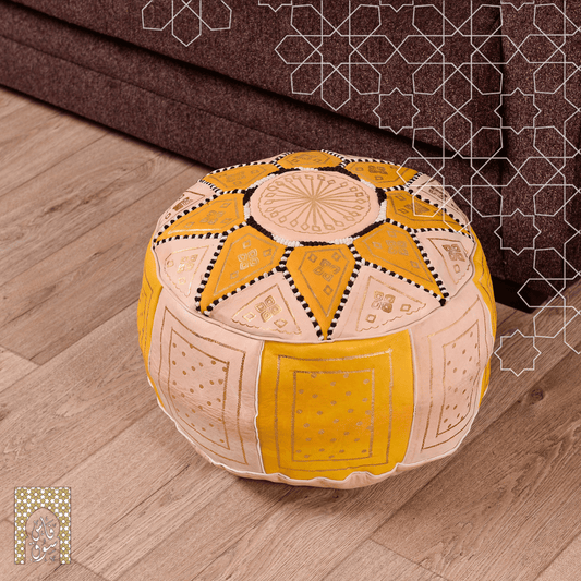 Artisanal Genuine Leather Pouf - Yellow - Fazia